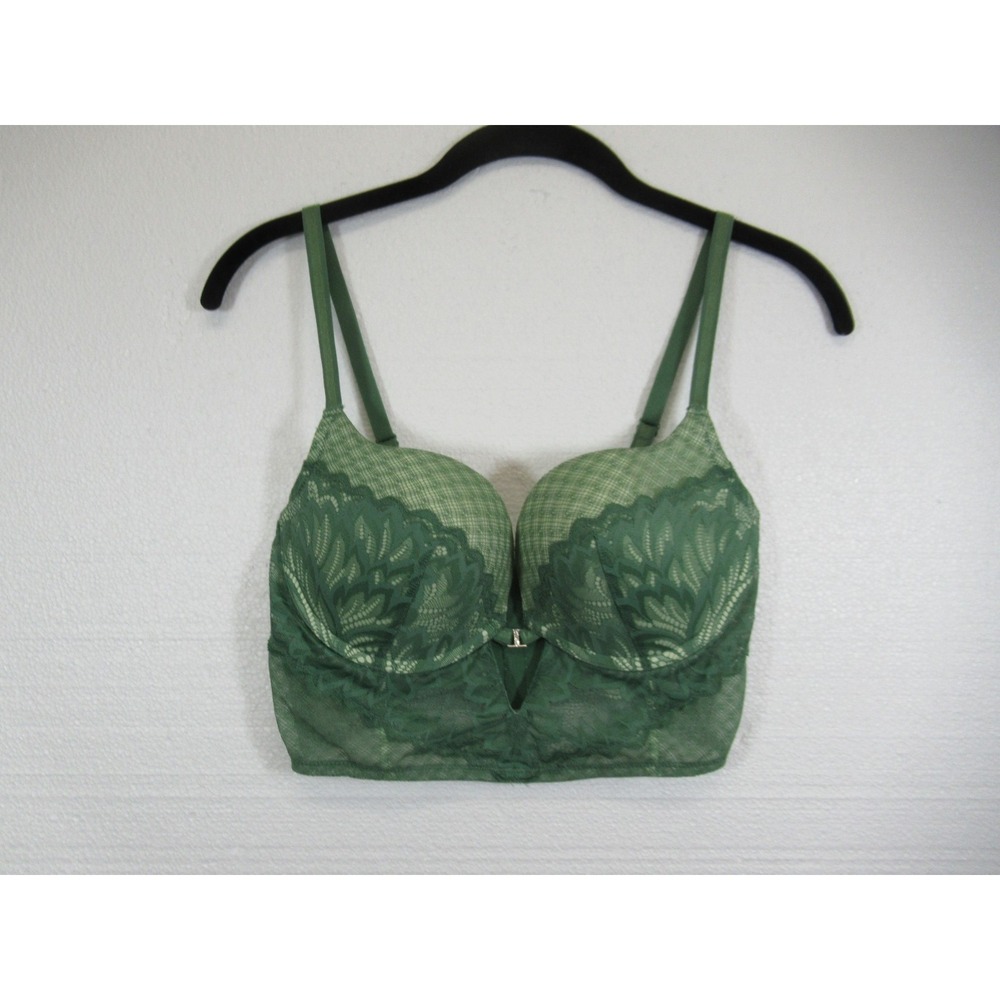 Adore Me Longline Push Up Bra 32DDD Green Lace Underwire Rhinestone Padded
